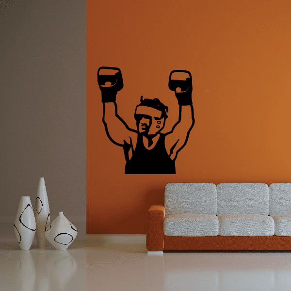 Boxing wall decal vinyl of a boxer raising both fists in black silhouette