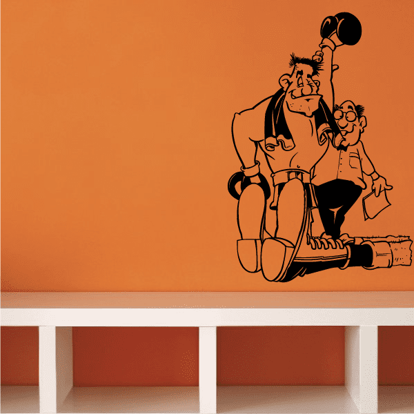 Boxing wall decal vinyl sticker: cartoon boxer with gloves and child at his side