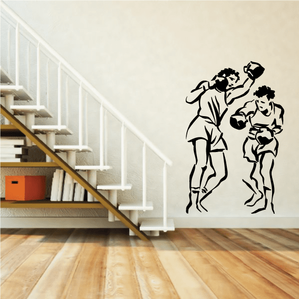 Black boxing wall decal featuring two fighters and a raised-arm pose
