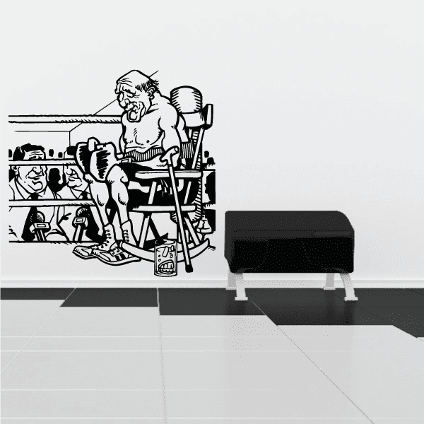 Boxing wall decal with black line-art fighter and gym equipment