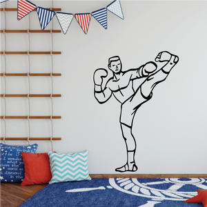 Boxing wall decal with black-outline boxer raising gloves on white wall