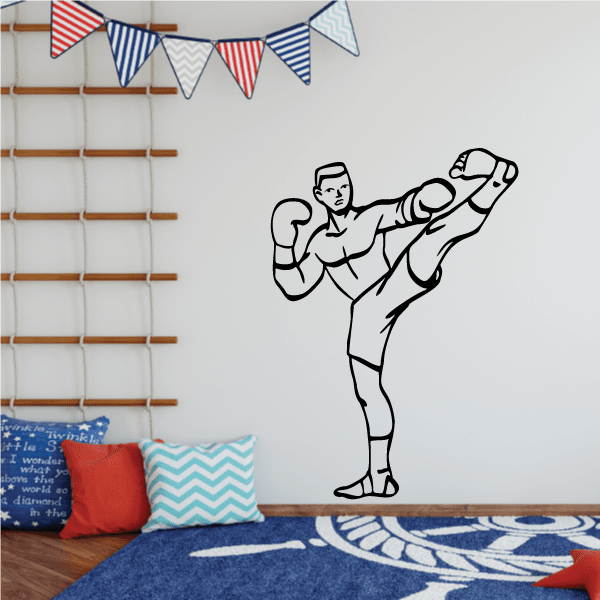 Boxing wall decal with black-outline boxer raising gloves on white wall