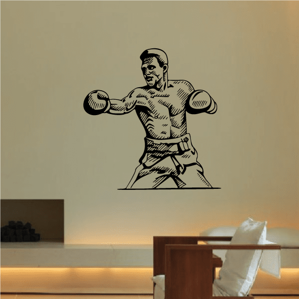 Boxing vinyl wall decal featuring a black line-art boxer with raised fists