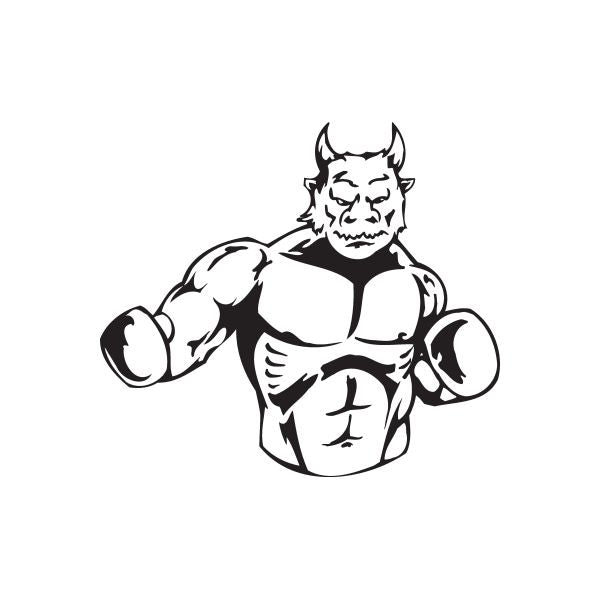 Boxing demon wall decal with horns and clenched fists, black vinyl outline