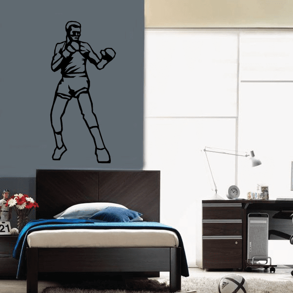 Boxing boxer wall decal vinyl sticker, black silhouette of a boxer posing on wall