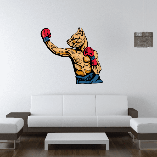 Boxing cat wall decal sticker with red boxing gloves and raised punch pose