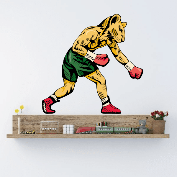 Boxing wall decal vinyl sticker of a yellow dog boxer in green shorts and red gloves