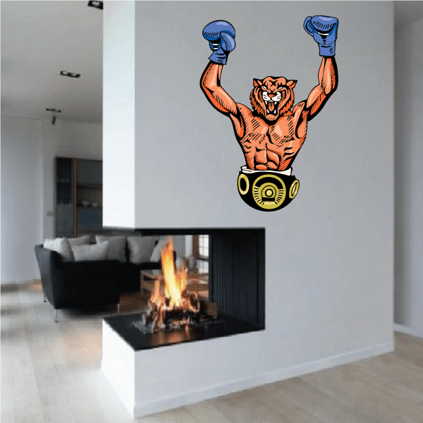 Boxing wall decal sticker of orange tiger flexing arms in blue gloves, on yellow base