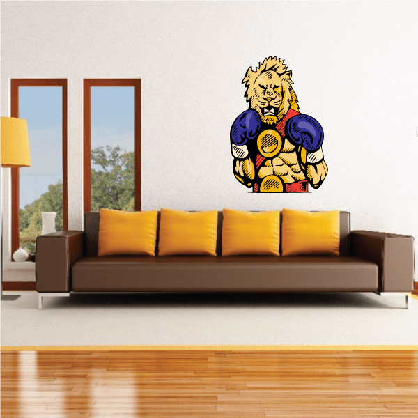 Boxing wall decal sticker of cartoon lion boxer with blue gloves and raised fists