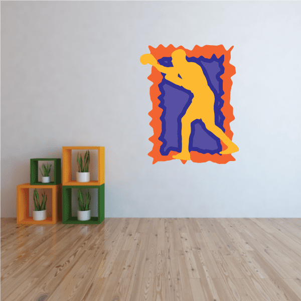Boxing wall decal vinyl sticker, blue boxer silhouette with orange border