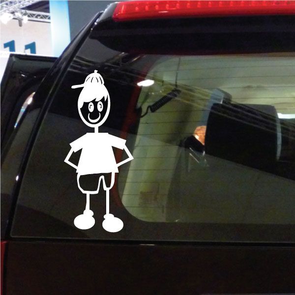 Boy cap hands-behind decal sticker, white outline graphic on dark window