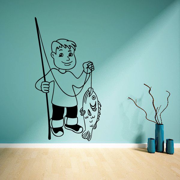 Fishing boy vinyl wall decal: smiling child holding a fishing rod and caught fish
