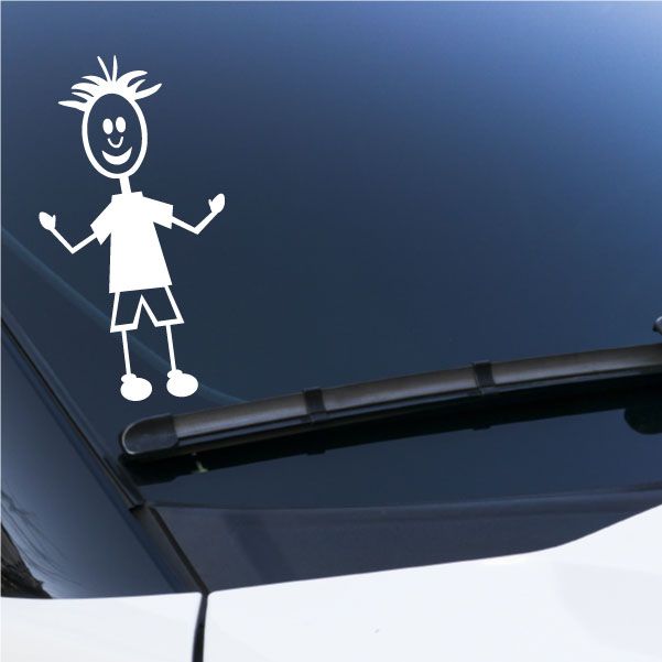Cartoon boy decal with arms bent out and simple white outline
