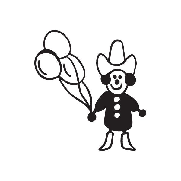 Boy clown balloon holding wall decal, black outline with cartoon hat and bowtie