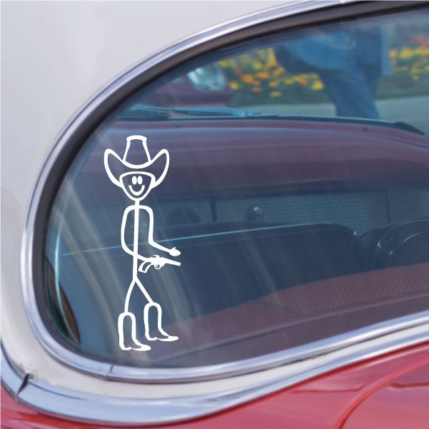 Cowboy boy decal of a white outline figure holding a gun on a car window