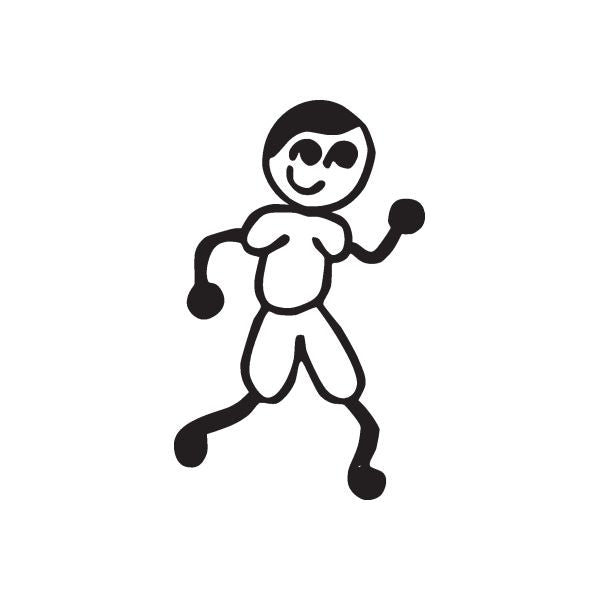Dancing boy decal with black outline and white filled figure
