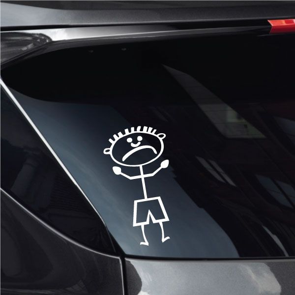 Boy frowning decal: white outline boy with angry face and raised arm