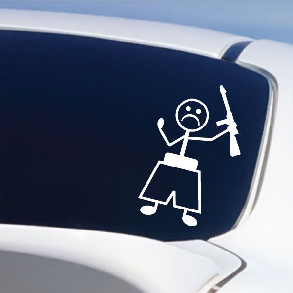 White outline boy frowning with rifle decal on dark blue surface