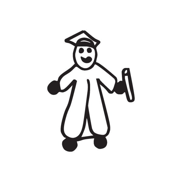 Graduation boy decal with mortarboard and diploma scroll, black outline