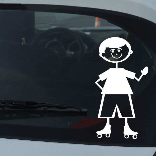 Boy roller skate decal, white cartoon figure waving hand on car window