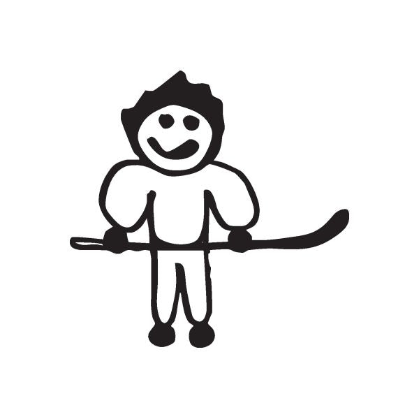 Boy hockey player decal with smiling stick figure in bold black outline