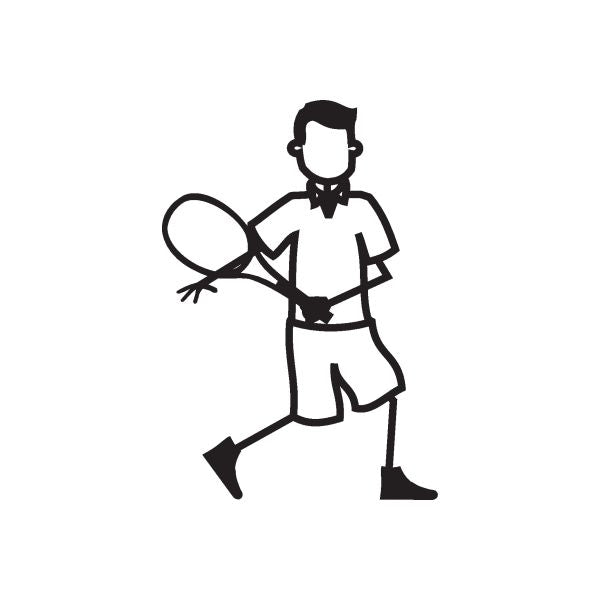 Tennis-playing boy decal, black outline with white fill, holding a tennis racket