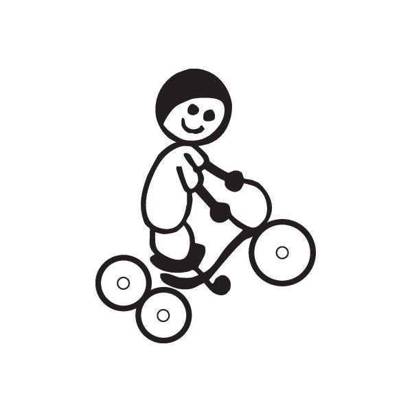 Cartoon boy riding a tricycle wall decal with three round wheels