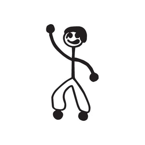 Smiling boy decal with right arm raised, black outline