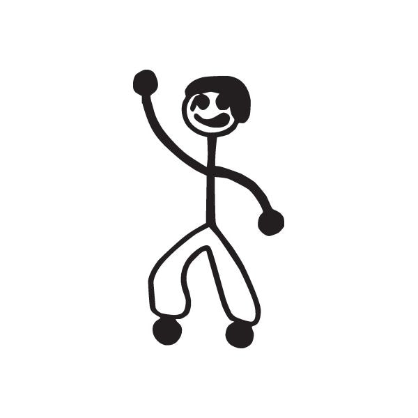 Smiling boy decal with right arm raised, black outline