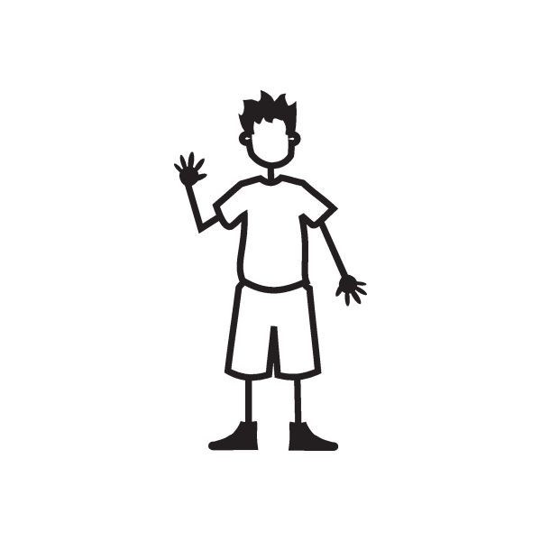 Boy right-hand waving vinyl decal, cartoon figure in white and black