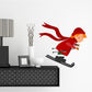 Boy skiing die-cut decal: boy in red jacket and hat, flying on skis.