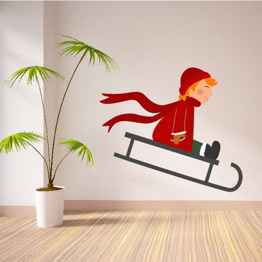 Image of Boy Sledding Printed Die Cut Decal