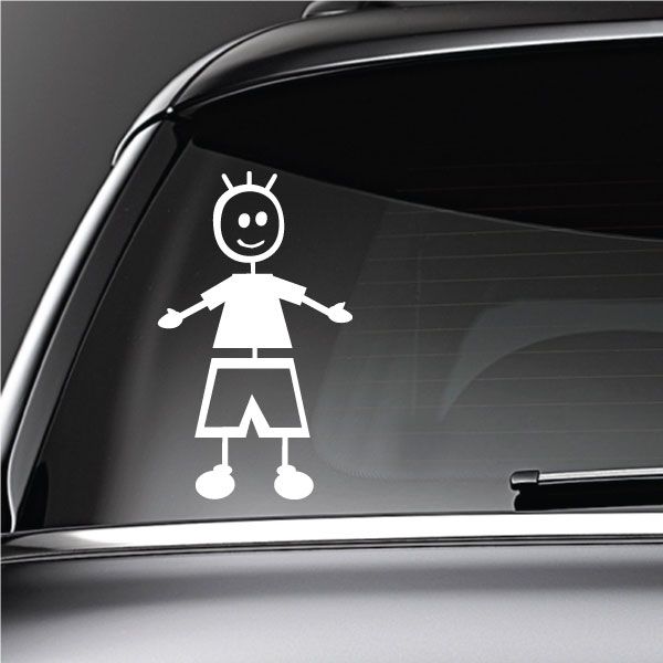 Smiling boy arms-out decal sticker, white graphic on dark car window
