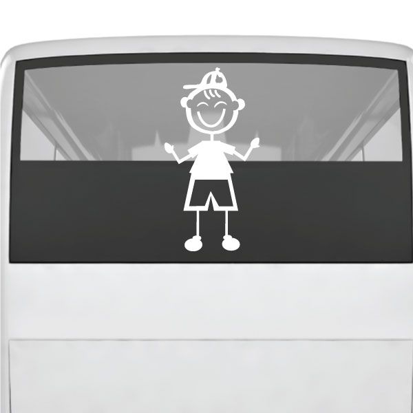 Boy decal front graphic on a dark baseball cap, smiling figure with bent arms