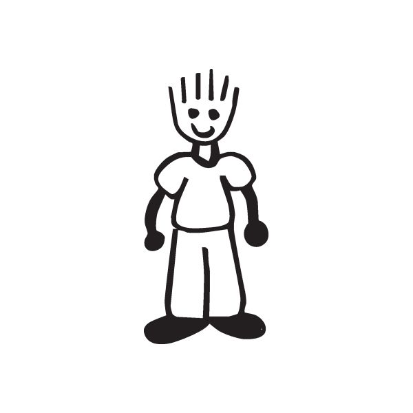 Smiling boy decal with spiky hair, standing figure, black outline on white