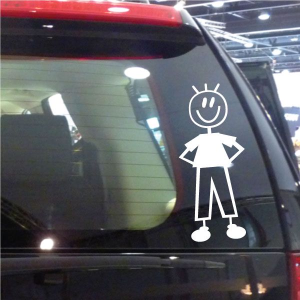 Cartoon boy window decal with smiley head and hands behind back outline