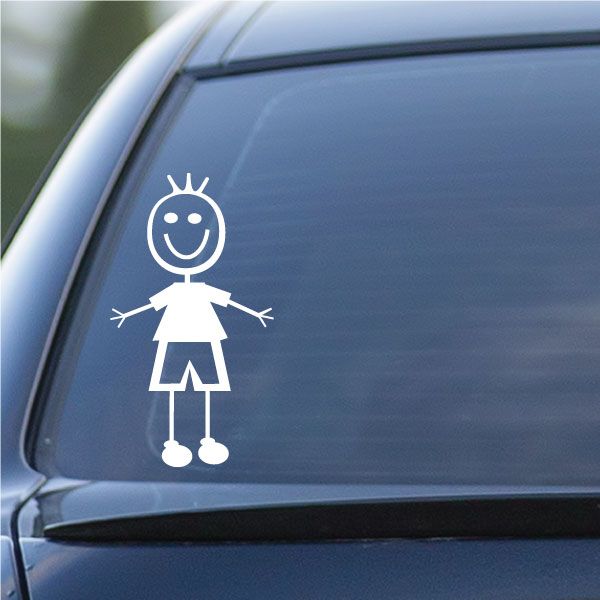 Cartoon boy hair hands-out decal sticker with smiling face and white outline