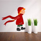 Boy walking printed die cut decal, red hat and coat with black boots, arms out