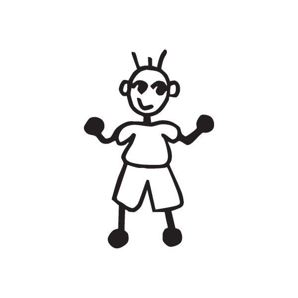 Black outline boy character decal with bent arms out and tall ear shapes