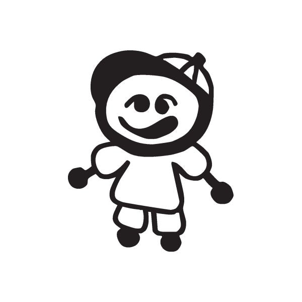 Cartoon boy decal with cap, black outline and white fill, facing forward