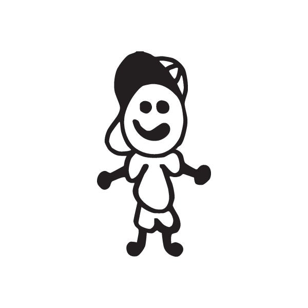 Cartoon boy decal wearing a tilted cap, smiling face, arms open, black outline