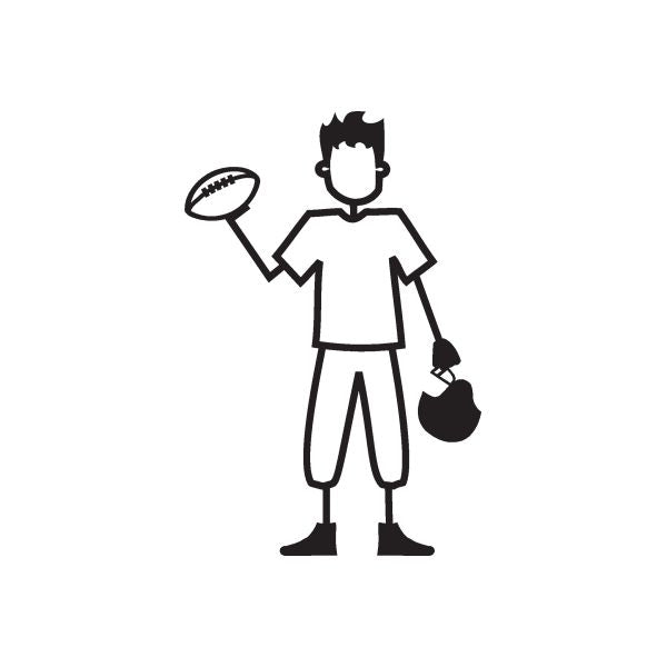 Boy holding a football and helmet decal, black silhouette on white background