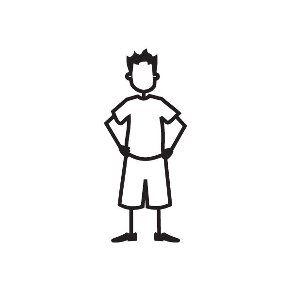 Boy wall decal figure with hands behind back, short hair, black and white