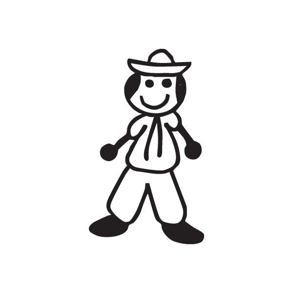 Cartoon boy clothes decal with hat and striped scarf, black outline on white