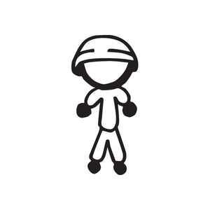 Boy with helmet decal, cartoon child figure in black outline with white face.