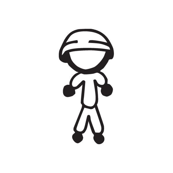 Boy with helmet decal, cartoon child figure in black outline with white face.