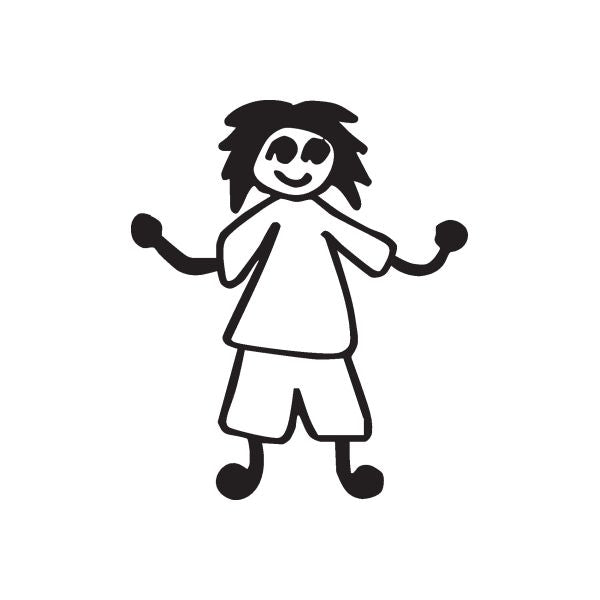 Boy decal, long hair, arms out, black-and-white outline