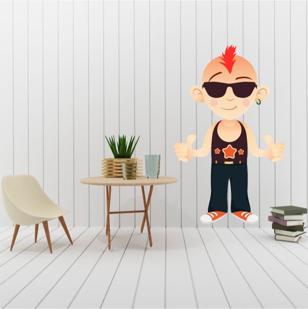Cartoon boy sticker with orange mohawk and sunglasses, giving a thumbs-up gesture.