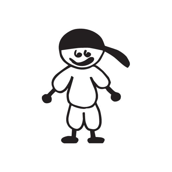 Boy with tilted hat decal, black-and-white character graphic