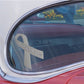Brain cancer awareness ribbon vinyl sticker on car window, white ribbon with blue text